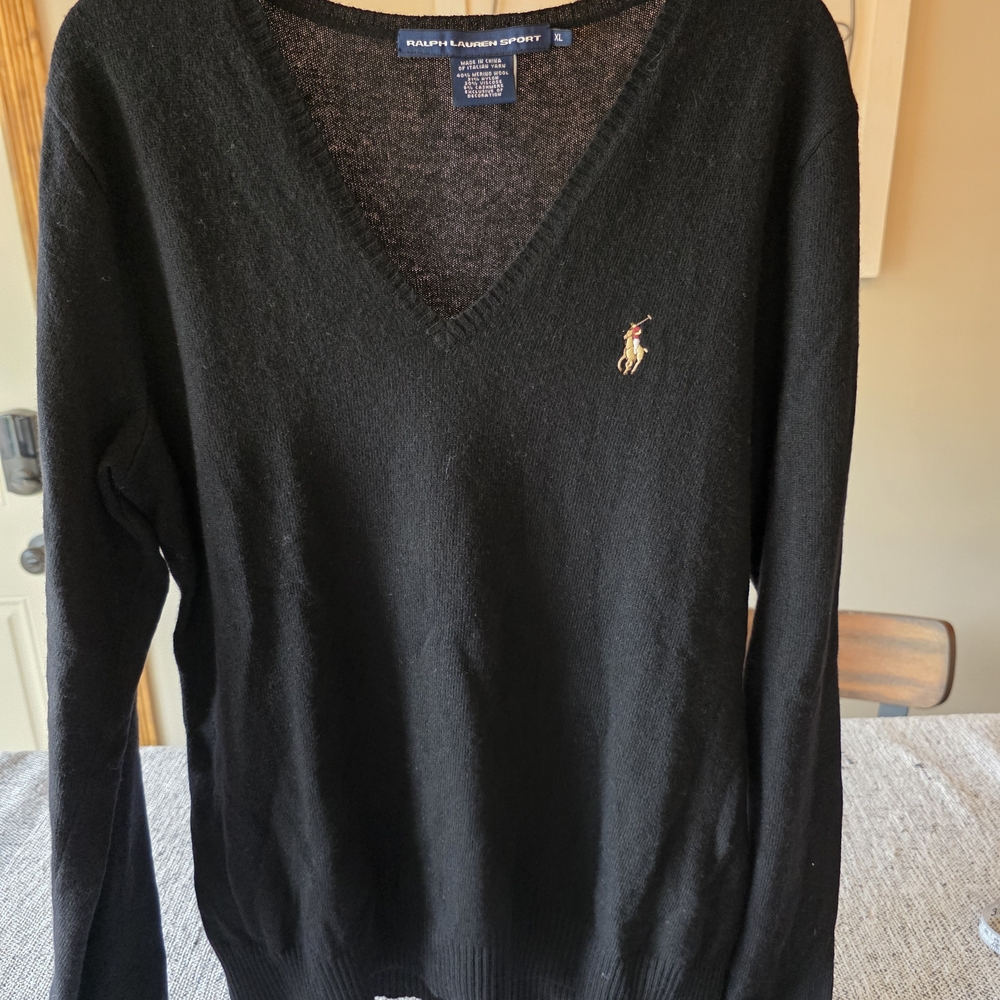 Ralph Lauren Sport Black V-Neck Sweater with Logo